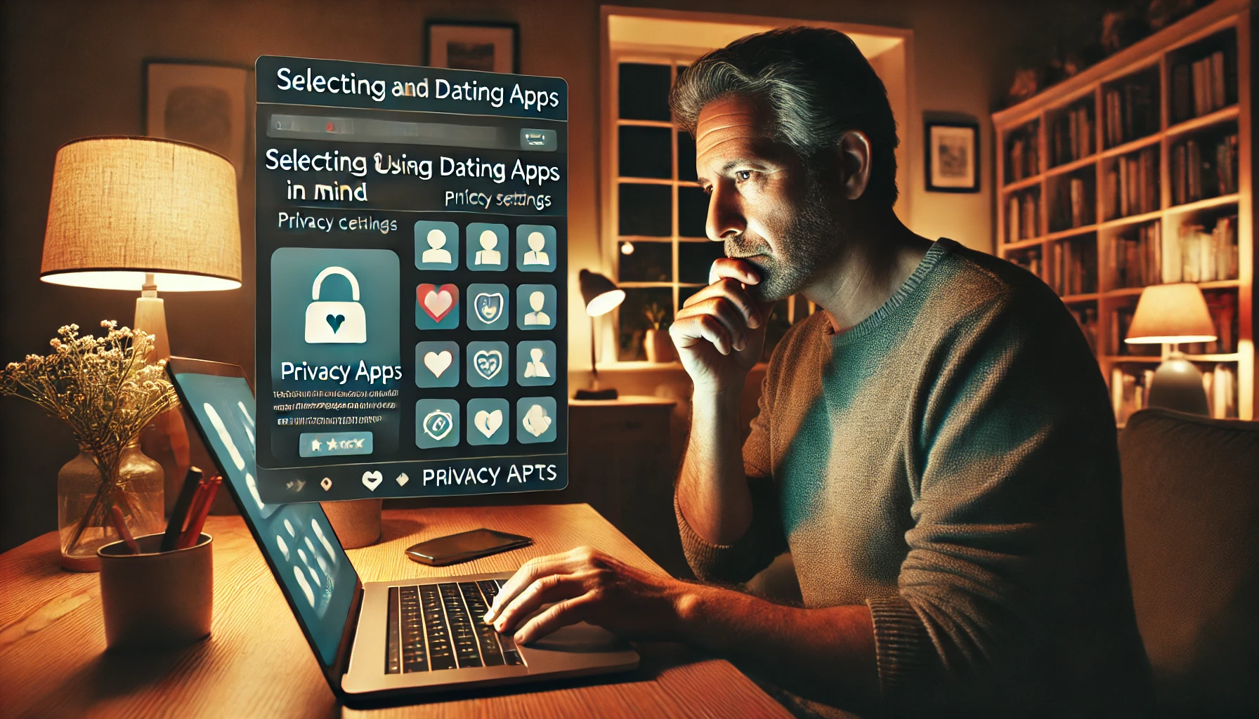 自宅のオフィスで、プライバシーを重視しながら婚活アプリを選び、使用方法を研究している人物を描いたシーン。中年の成人が、様々なデートアプリのインターフェースとプライバシー設定が表示された画面をじっくりと見ている。自宅のオフィスは暖かい照明と快適な家具で装飾されており、安全でプライベートな雰囲気が感じられる。この画像は個人的な環境での慎重なオンラインエンゲージメントのテーマを捉えている。