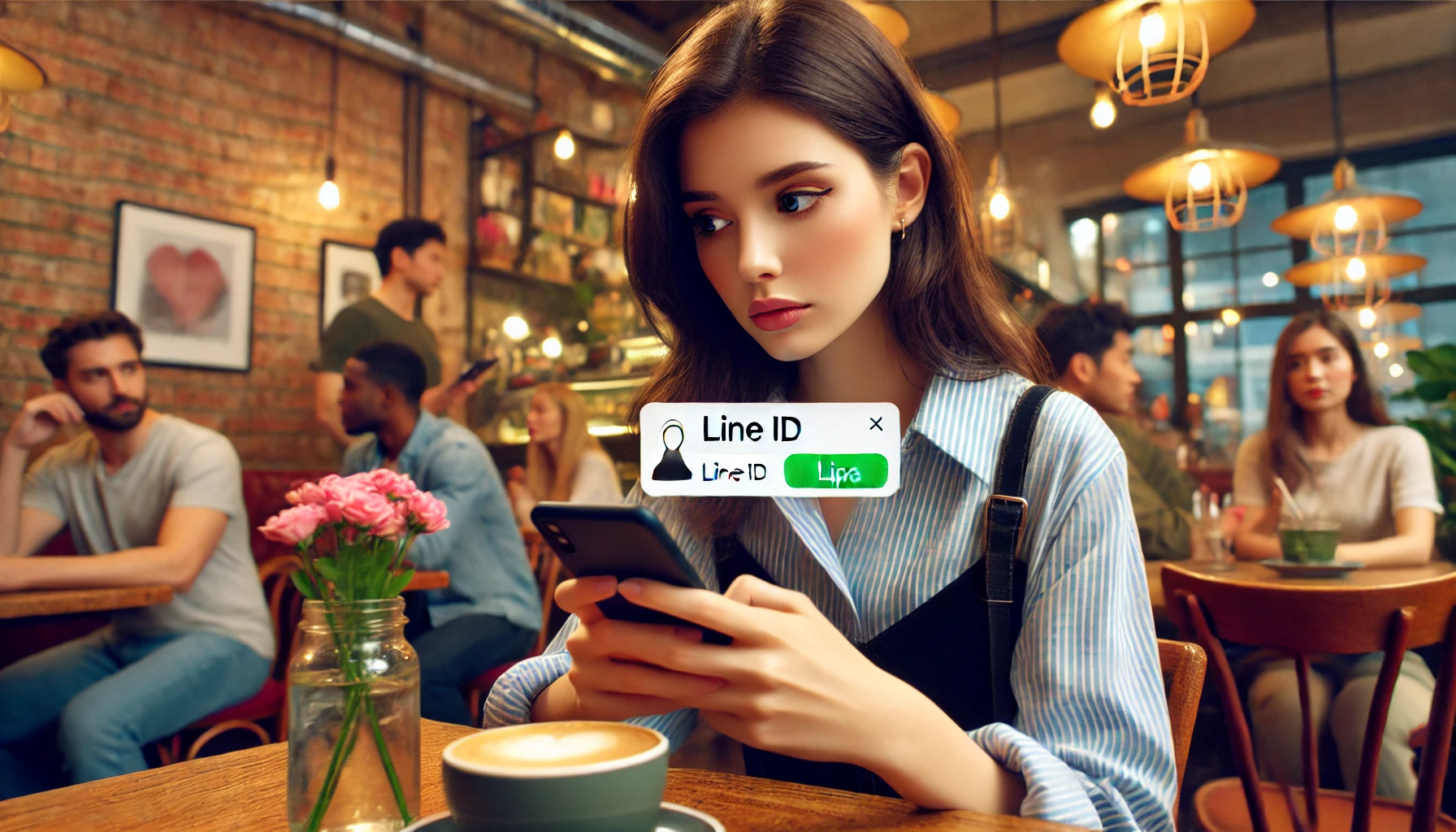 カフェに座る若い女性がデートアプリからのLINE IDの要求を受けてスマートフォンを見ながらわずかに眉をひそめているシーン。カフェは活気があり、トレンディで、周りの客もそれぞれの活動に没頭している。女性は個人連絡先情報を早急に共有することについて慎重で、少し不快感を感じており、オンラインデートの文脈でプライバシーと信頼をナビゲートするダイナミクスを捉えている。