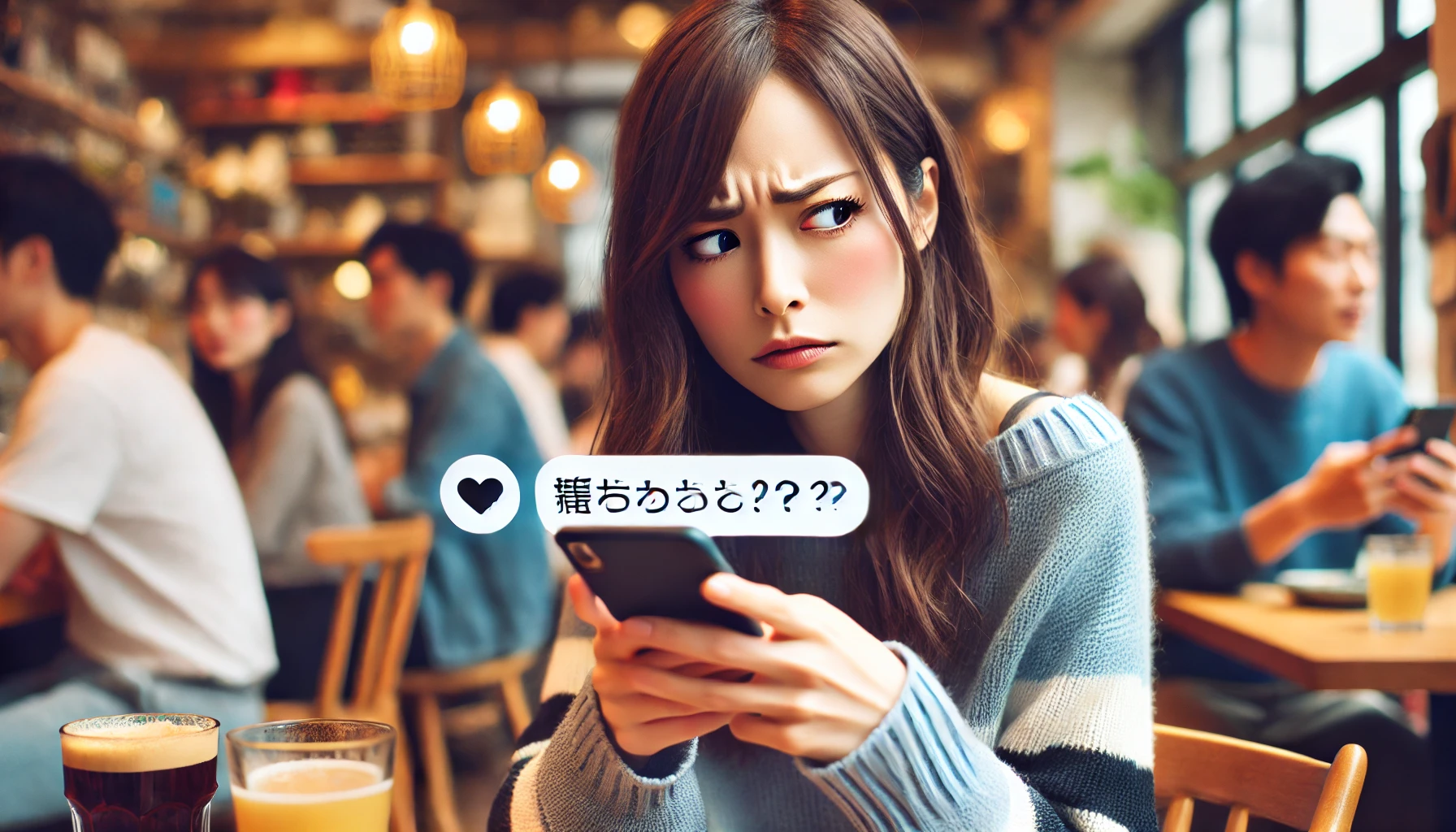 カフェでスマートフォンのメッセージを読んでいる若い女性が描かれており、そのメッセージはデートアプリ上の誰かからカジュアルな口調（タメ口）で書かれています。彼女の表情は、その非公式なアプローチに対する不快感を伝えています。カフェは活気があり、トレンディで、背景には他の客がいます。これは彼女がより公式なコミュニケーションを期待する社会的な場面を強調しています。この画像は、予期しないカジュアルなコミュニケーションに対する彼女の反応を捉えています。