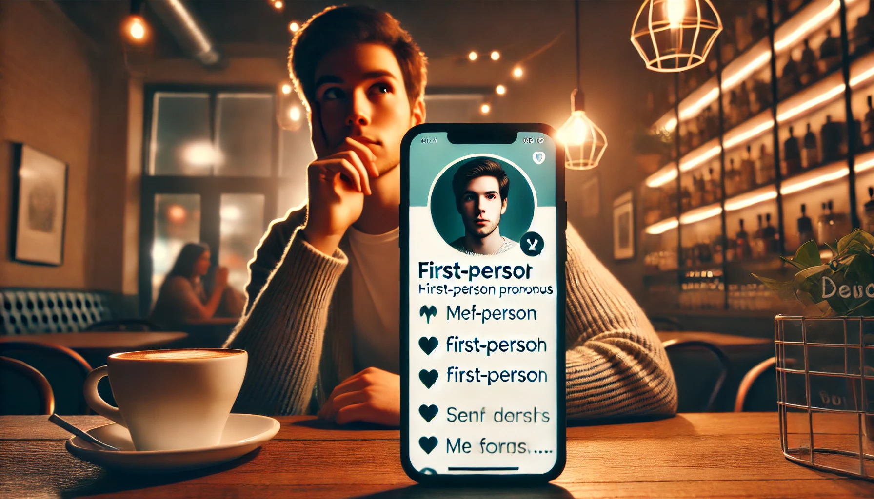 カフェのテーブルに座る若い大人が、スマートフォンの画面に表示されたマッチングアプリのプロフィールをじっと見つめているシーン。プロフィールの自己紹介文には一人称が強調されており、それがどのように受け取られるかを考えている様子が伺える。背景は温かみのある照明が特徴的なカフェで、落ち着いた雰囲気の中にいる。この画像は、オンラインデートにおける言葉遣いの重要性や、一人称の多用が与える印象を考えさせるものとなっている。