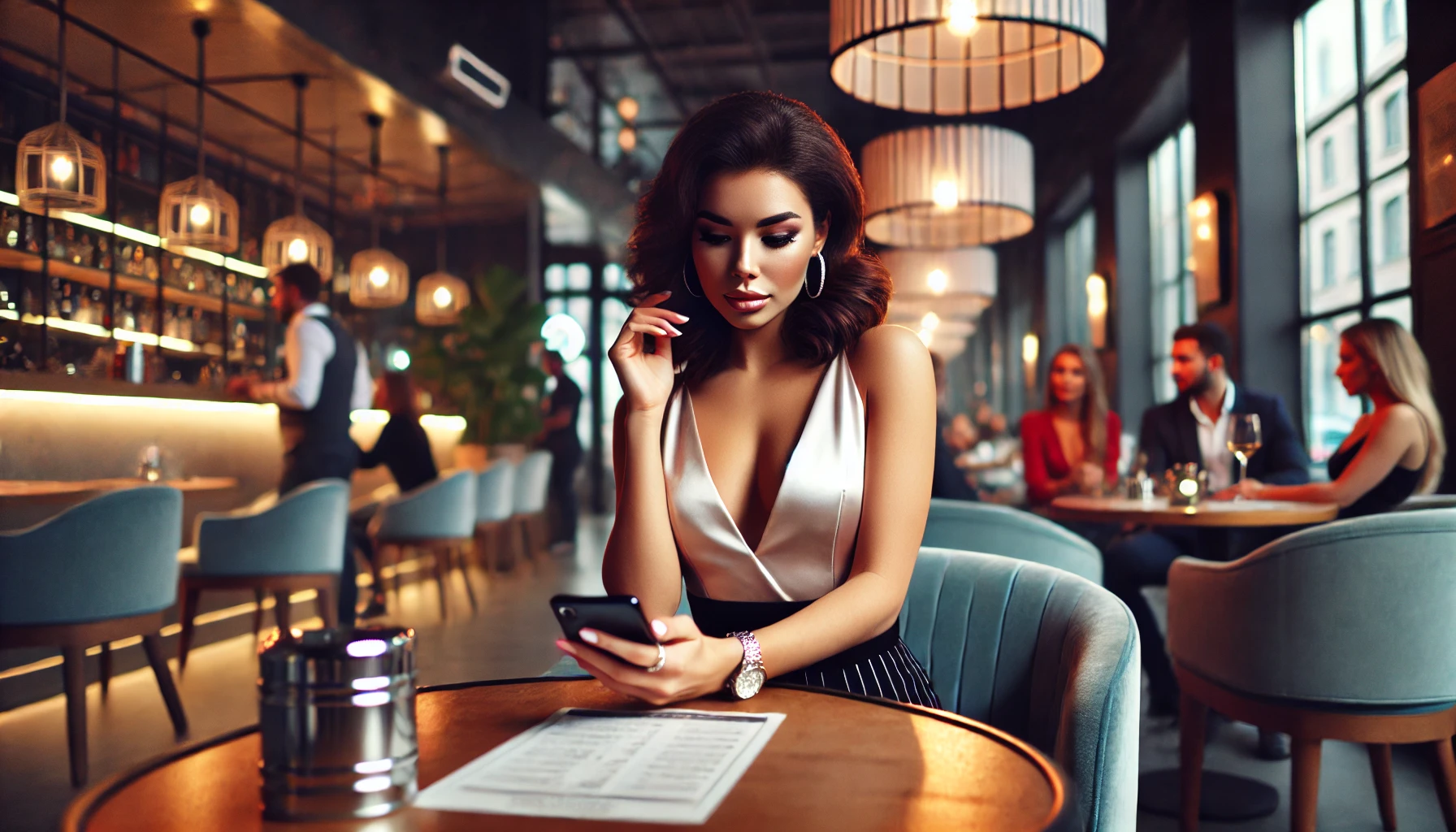 カフェのテーブルに座り、スマートフォンを見ながら考え込むスタイリッシュで自信に満ちた若い女性を描いたシーン。彼女はカーブのある魅力的な体型を持ち、優雅で洗練された雰囲気を醸し出している。背景には他の客がおり、社交的で活気のある雰囲気が広がる。画像は、オンラインデートにおける『グラマー』の概念を表現し、自信、エレガンス、魅力を強調している。